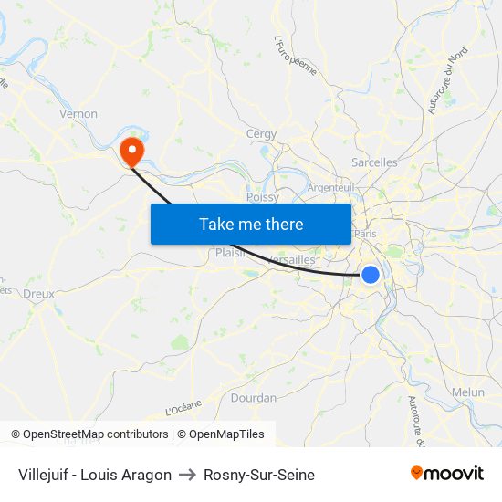 Villejuif - Louis Aragon to Rosny-Sur-Seine map