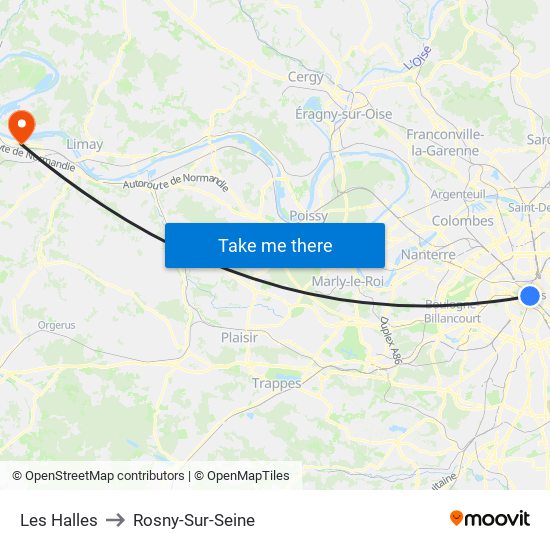 Les Halles to Rosny-Sur-Seine map