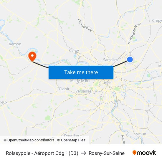 Roissypole - Aéroport Cdg1 (D3) to Rosny-Sur-Seine map