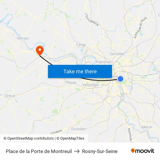 Place de la Porte de Montreuil to Rosny-Sur-Seine map