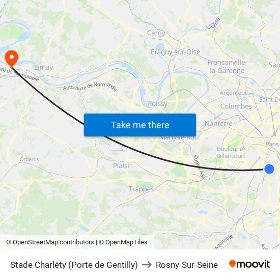 Stade Charléty (Porte de Gentilly) to Rosny-Sur-Seine map