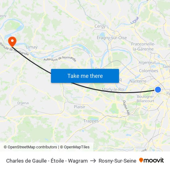 Charles de Gaulle - Étoile - Wagram to Rosny-Sur-Seine map