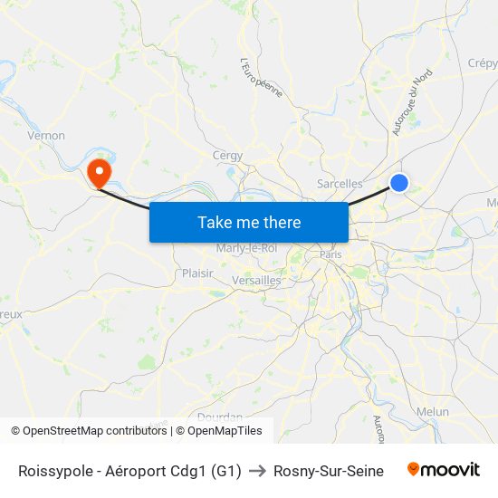 Roissypole - Aéroport Cdg1 (G1) to Rosny-Sur-Seine map