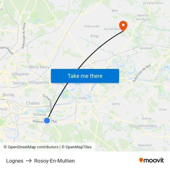 Lognes to Rosoy-En-Multien map