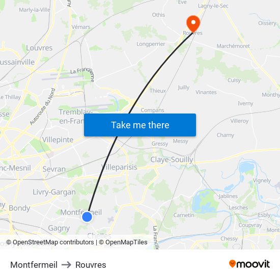 Montfermeil to Rouvres map