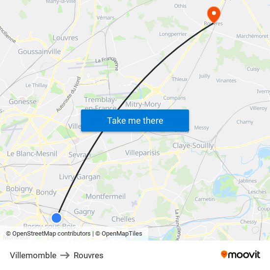 Villemomble to Rouvres map