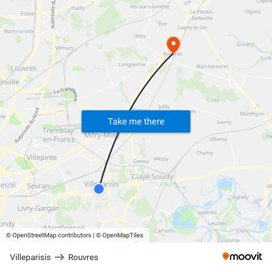 Villeparisis to Rouvres map