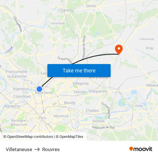 Villetaneuse to Rouvres map