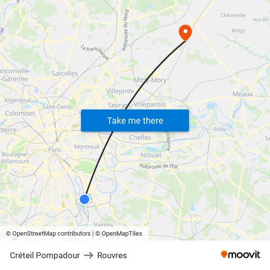 Créteil Pompadour to Rouvres map