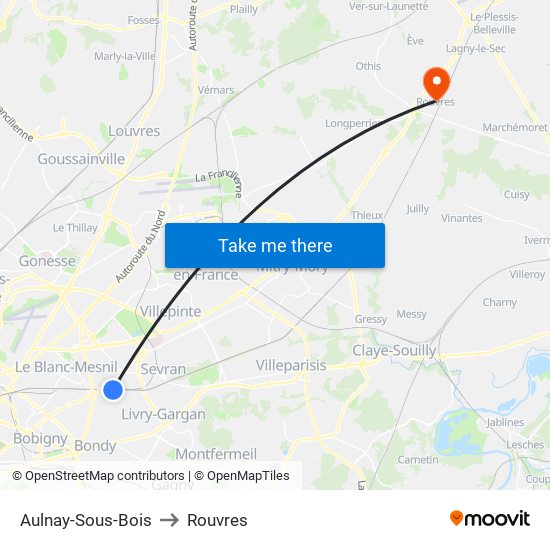 Aulnay-Sous-Bois to Rouvres map