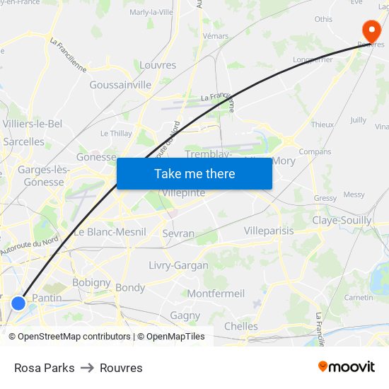 Rosa Parks to Rouvres map