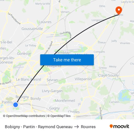 Bobigny - Pantin - Raymond Queneau to Rouvres map