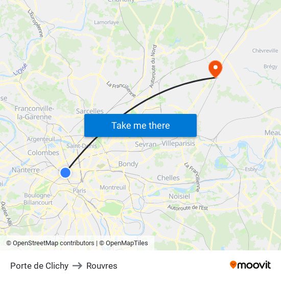 Porte de Clichy to Rouvres map
