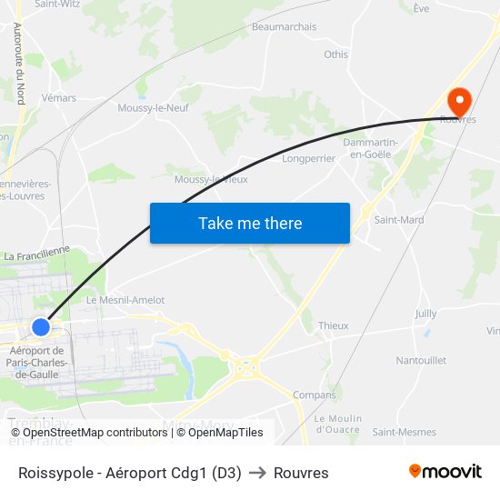 Roissypole - Aéroport Cdg1 (D3) to Rouvres map