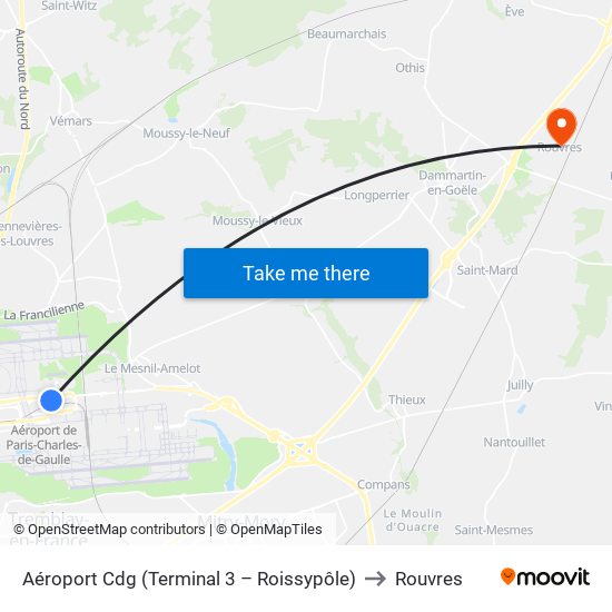 Aéroport Cdg (Terminal 3 – Roissypôle) to Rouvres map