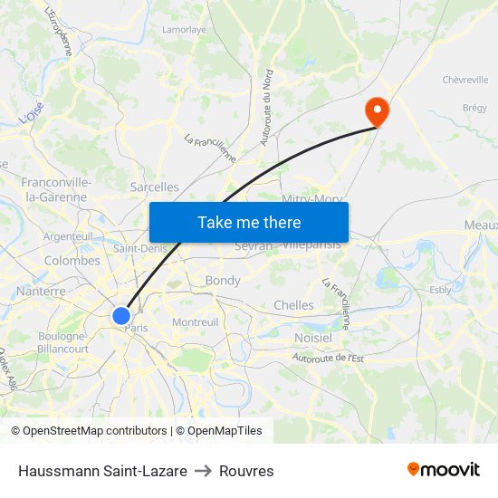 Haussmann Saint-Lazare to Rouvres map