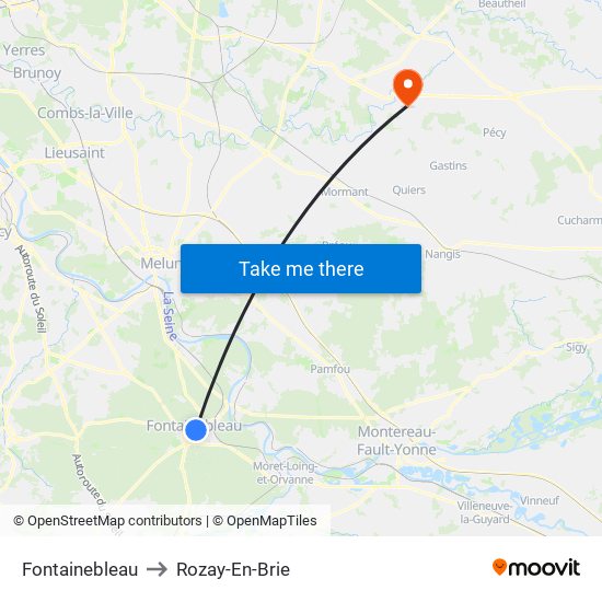 Fontainebleau to Rozay-En-Brie map
