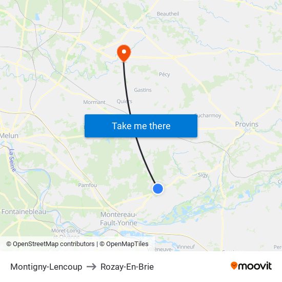 Montigny-Lencoup to Rozay-En-Brie map