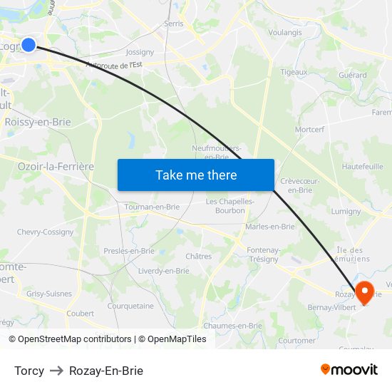 Torcy to Rozay-En-Brie map