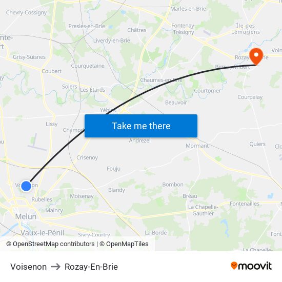 Voisenon to Rozay-En-Brie map