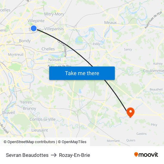 Sevran Beaudottes to Rozay-En-Brie map