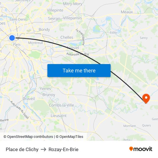 Place de Clichy to Rozay-En-Brie map