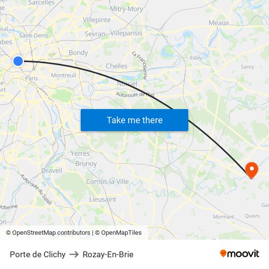 Porte de Clichy to Rozay-En-Brie map