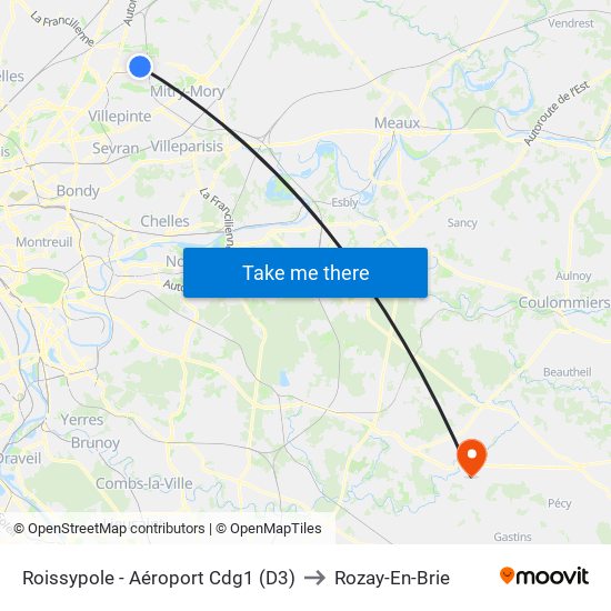 Roissypole - Aéroport Cdg1 (D3) to Rozay-En-Brie map