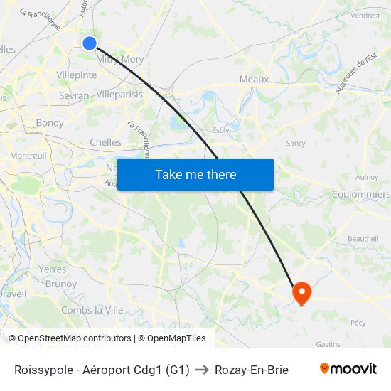 Roissypole - Aéroport Cdg1 (G1) to Rozay-En-Brie map