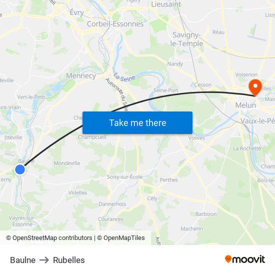 Baulne to Rubelles map
