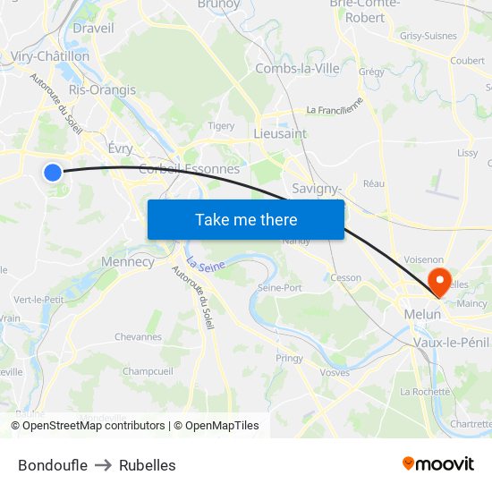 Bondoufle to Rubelles map
