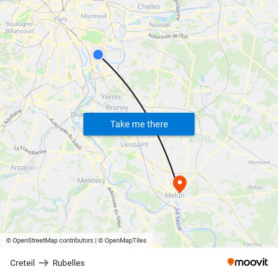 Creteil to Rubelles map