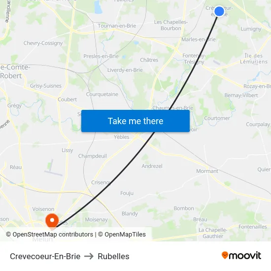 Crevecoeur-En-Brie to Rubelles map