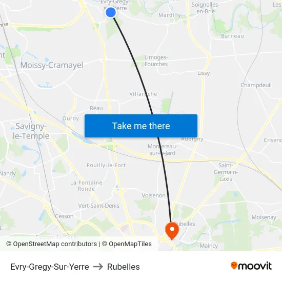 Evry-Gregy-Sur-Yerre to Rubelles map