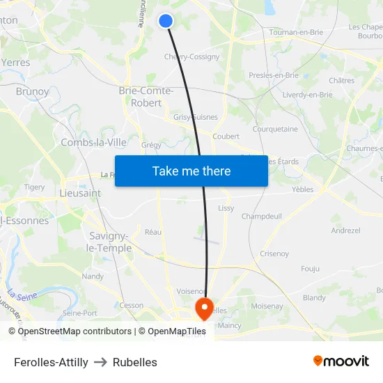 Ferolles-Attilly to Rubelles map