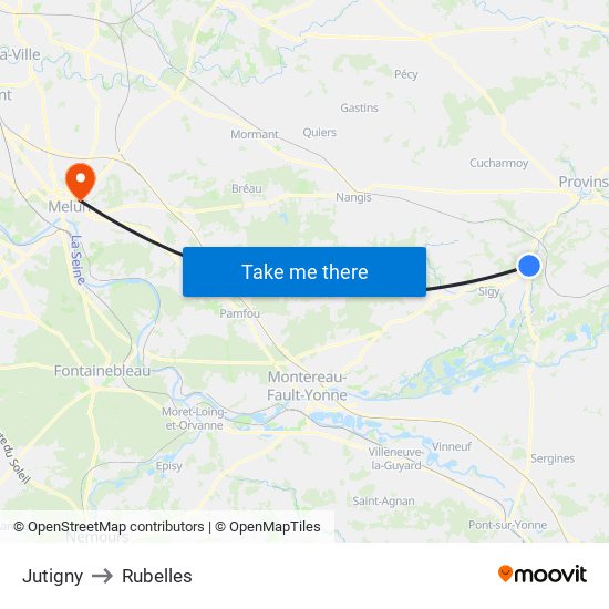 Jutigny to Rubelles map