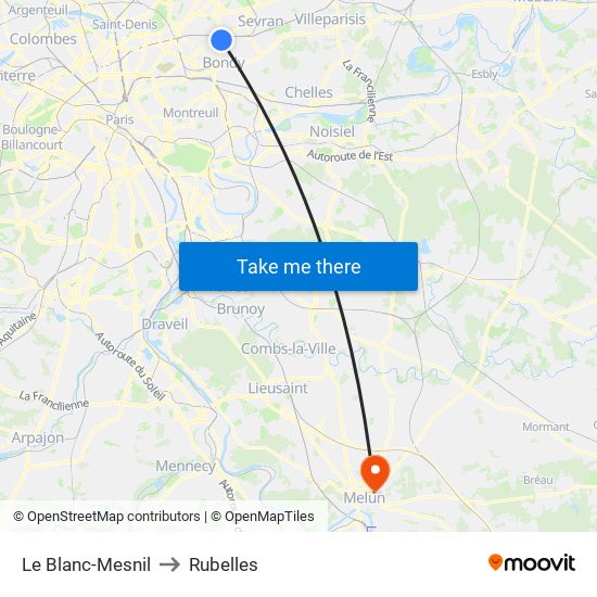 Le Blanc-Mesnil to Rubelles map