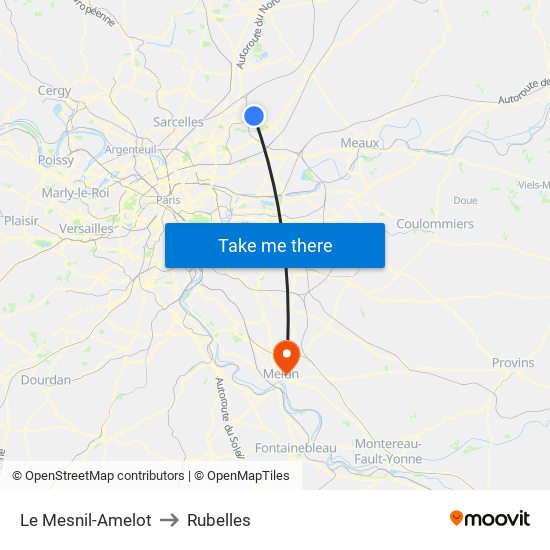 Le Mesnil-Amelot to Rubelles map