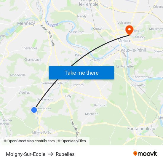 Moigny-Sur-Ecole to Rubelles map