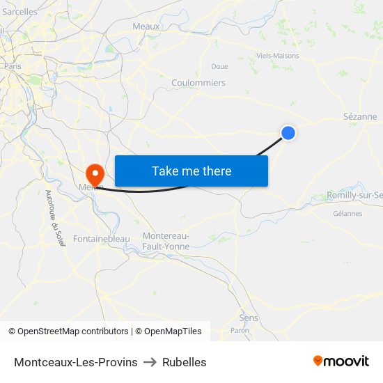 Montceaux-Les-Provins to Rubelles map