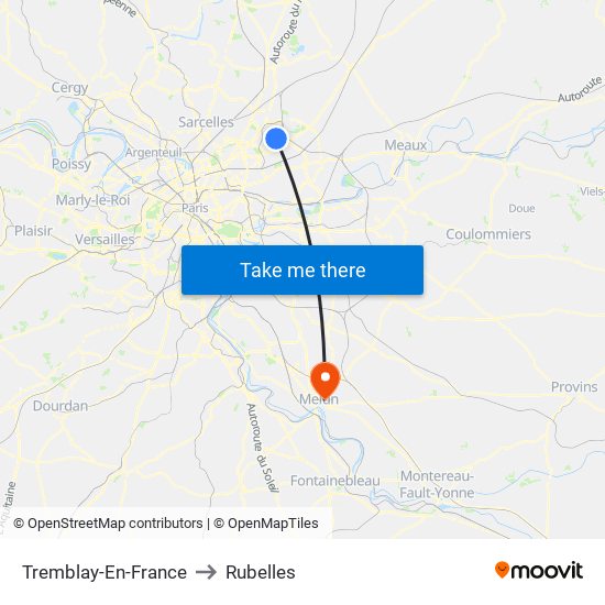 Tremblay-En-France to Rubelles map