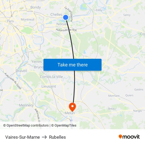 Vaires-Sur-Marne to Rubelles map
