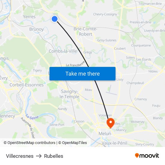 Villecresnes to Rubelles map