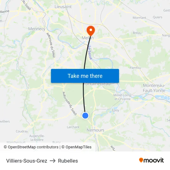 Villiers-Sous-Grez to Rubelles map