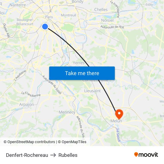 Denfert-Rochereau to Rubelles map
