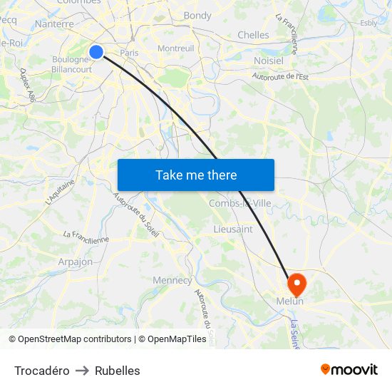 Trocadéro to Rubelles map
