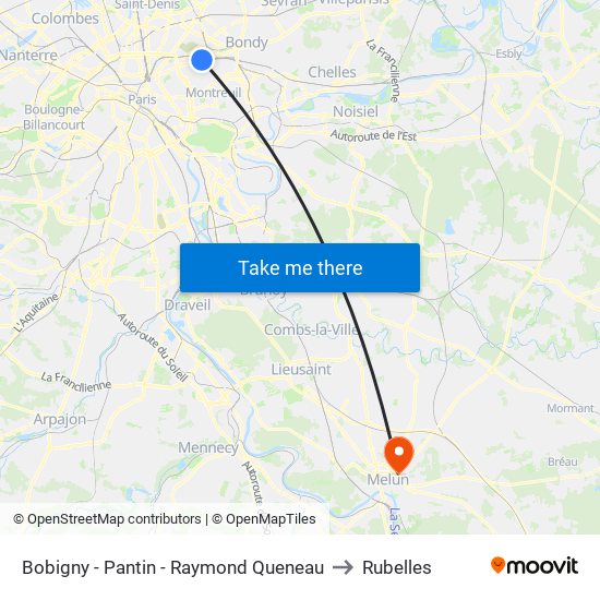Bobigny - Pantin - Raymond Queneau to Rubelles map