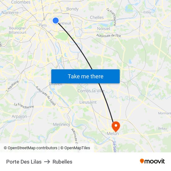 Porte Des Lilas to Rubelles map