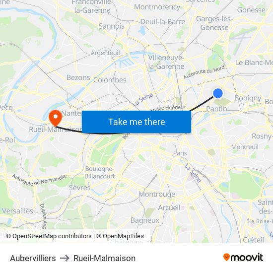 Aubervilliers to Rueil-Malmaison map
