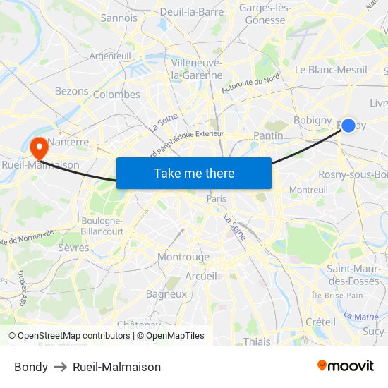 Bondy to Rueil-Malmaison map